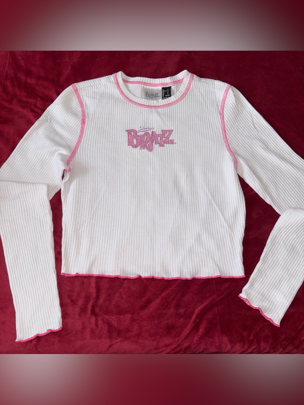 Forever 21 White Ribbed Bratz Crop Top with Pink Trim
